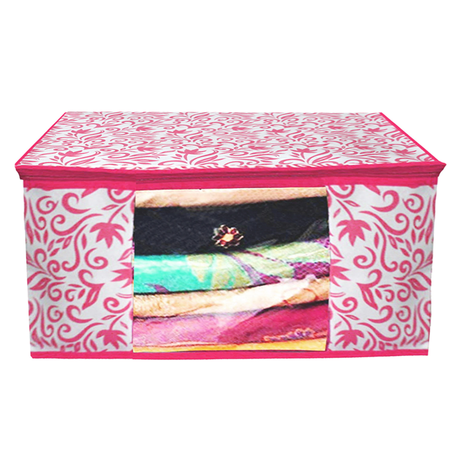 Kuber Industries Leaf Design Non Woven Fabric Saree Cover Set with Transparent Window, Extra Large, Red & Pink -CTKTC40765