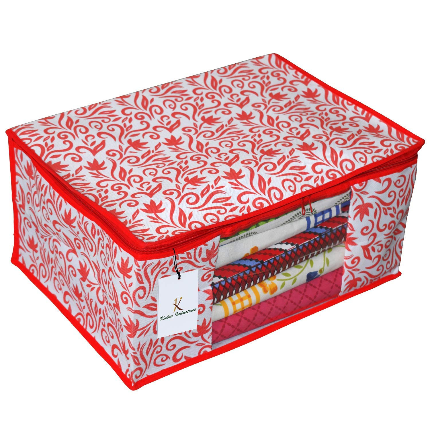 Kuber Industries Leaf Design Non Woven Fabric Saree Cover Set with Transparent Window, Extra Large, Red & Pink -CTKTC40765