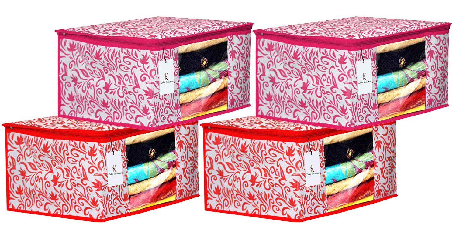 Kuber Industries Leaf Design Non Woven Fabric Saree Cover Set with Transparent Window, Extra Large, Red & Pink -CTKTC40765