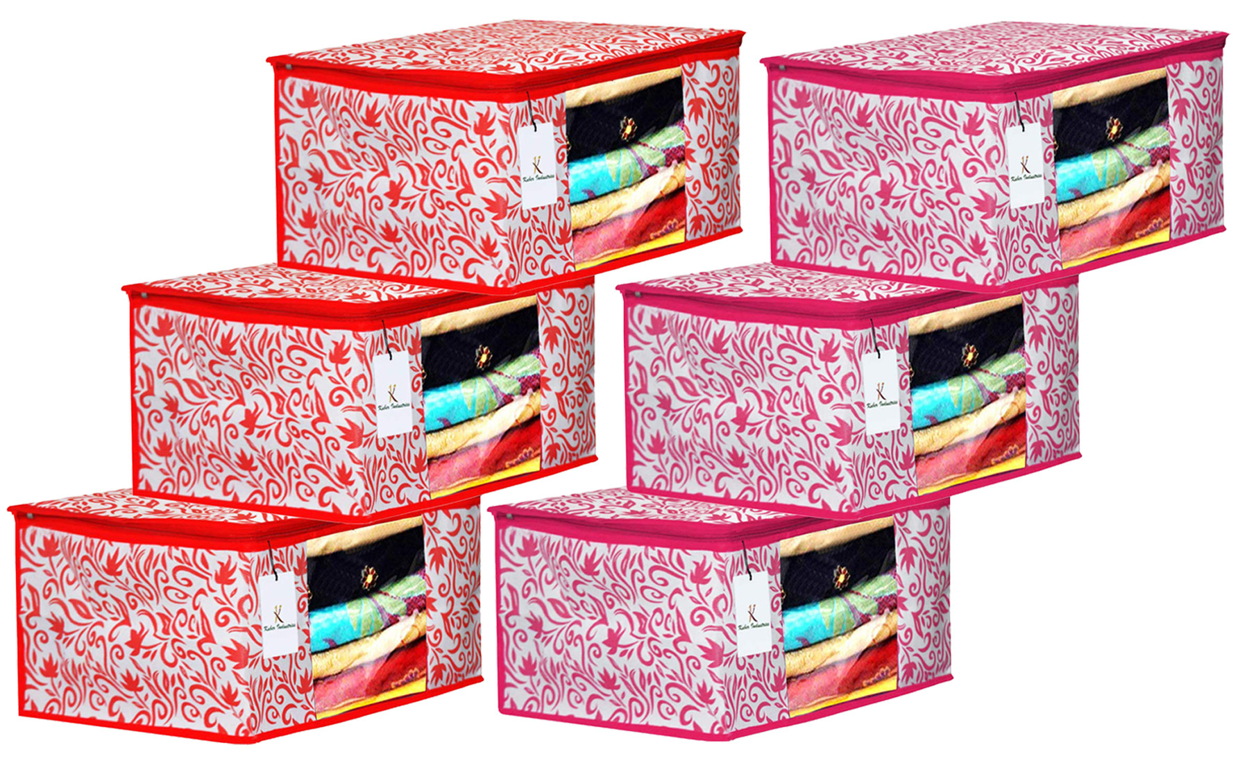 Kuber Industries Leaf Design Non Woven Fabric Saree Cover Set with Transparent Window, Extra Large, Red & Pink -CTKTC40765