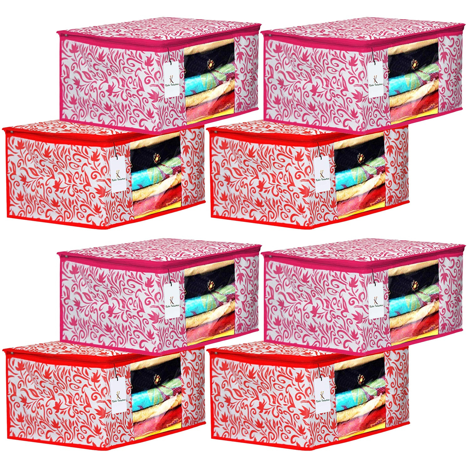 Kuber Industries Leaf Design Non Woven Fabric Saree Cover Set with Transparent Window, Extra Large, Red & Pink -CTKTC40765