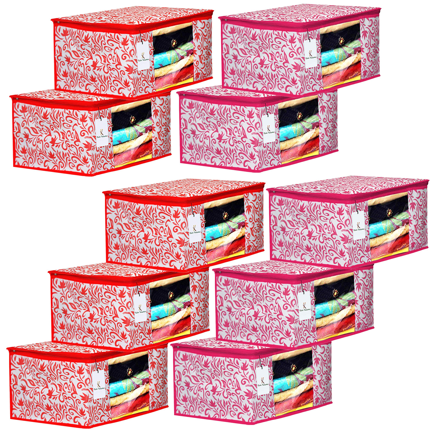 Kuber Industries Leaf Design Non Woven Fabric Saree Cover Set with Transparent Window, Extra Large, Red & Pink -CTKTC40765