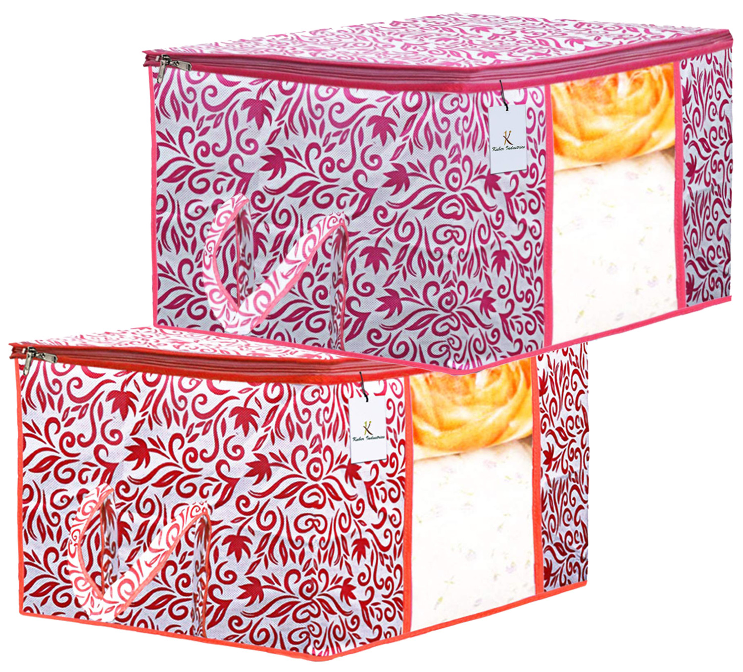 Kuber Industries Leaf Design Non Woven Fabric Underbed Storage Bag,Cloth Organiser,Blanket Cover with Transparent Window, Red & Pink -CTKTC41043