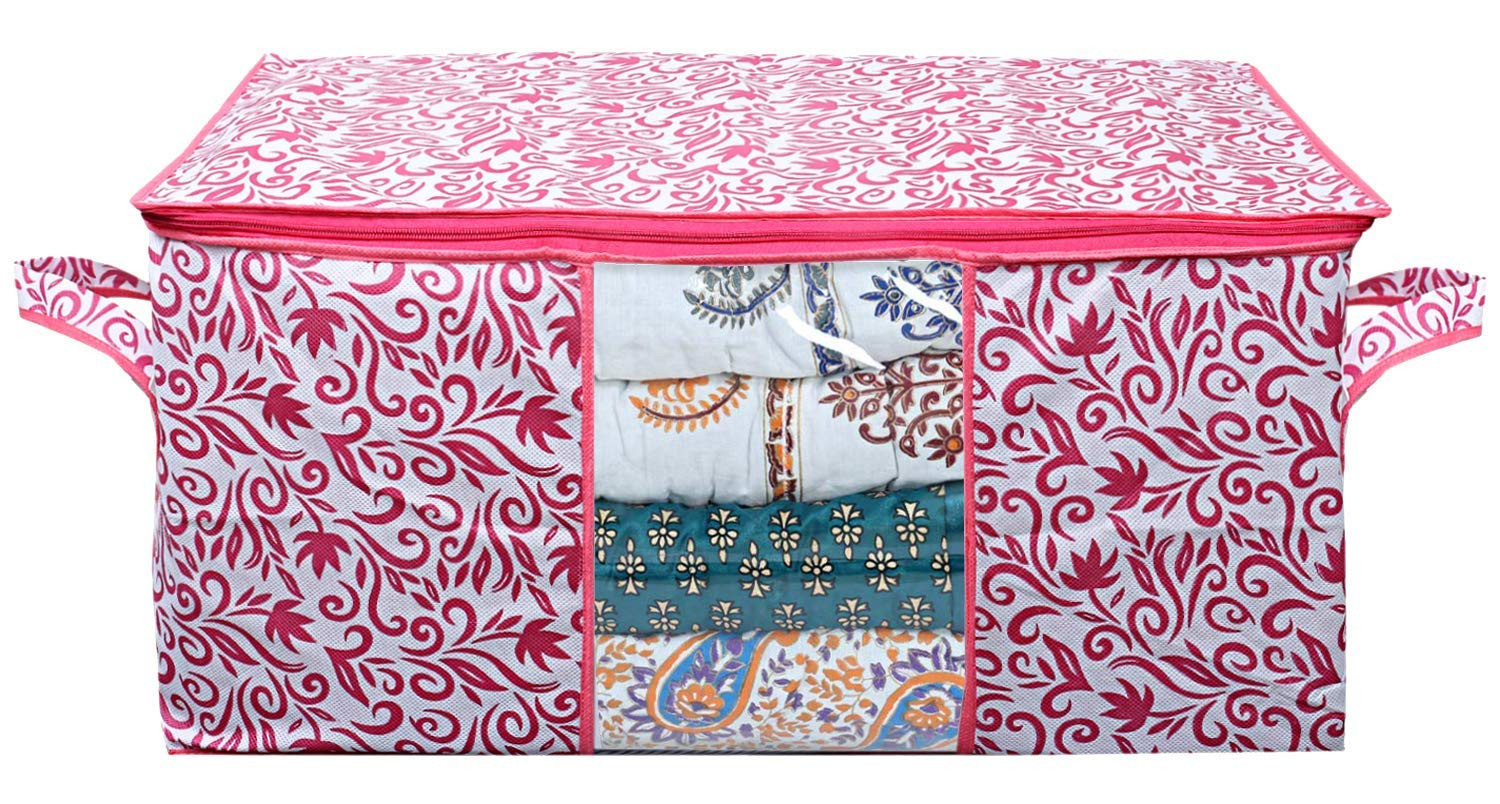 Kuber Industries Leaf Design Non Woven Fabric Underbed Storage Bag,Cloth Organiser,Blanket Cover with Transparent Window, Red & Pink -CTKTC41043