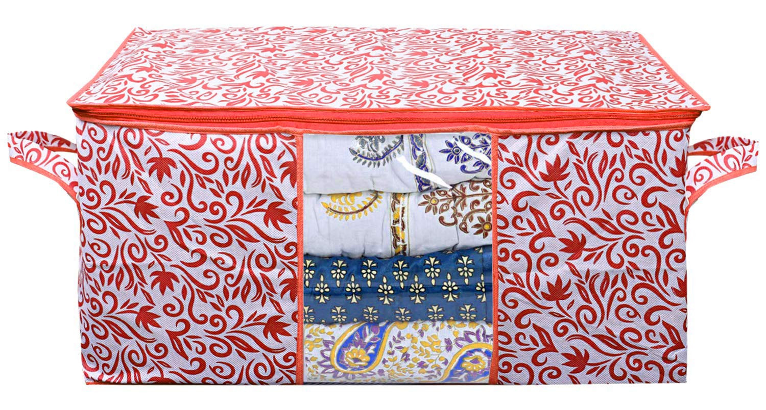 Kuber Industries Leaf Design Non Woven Fabric Underbed Storage Bag,Cloth Organiser,Blanket Cover with Transparent Window, Red & Pink -CTKTC41043