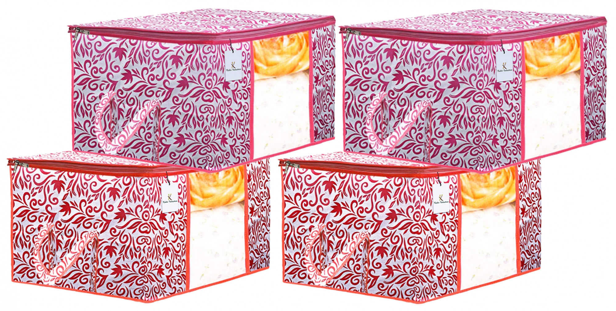 Kuber Industries Leaf Design Non Woven Fabric Underbed Storage Bag,Cloth Organiser,Blanket Cover with Transparent Window, Red & Pink -CTKTC41043