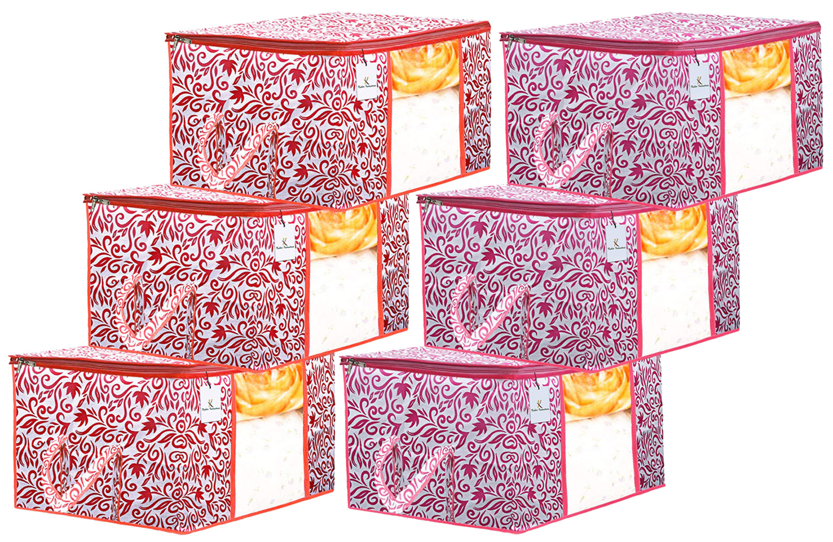Kuber Industries Leaf Design Non Woven Fabric Underbed Storage Bag,Cloth Organiser,Blanket Cover with Transparent Window, Red & Pink -CTKTC41043
