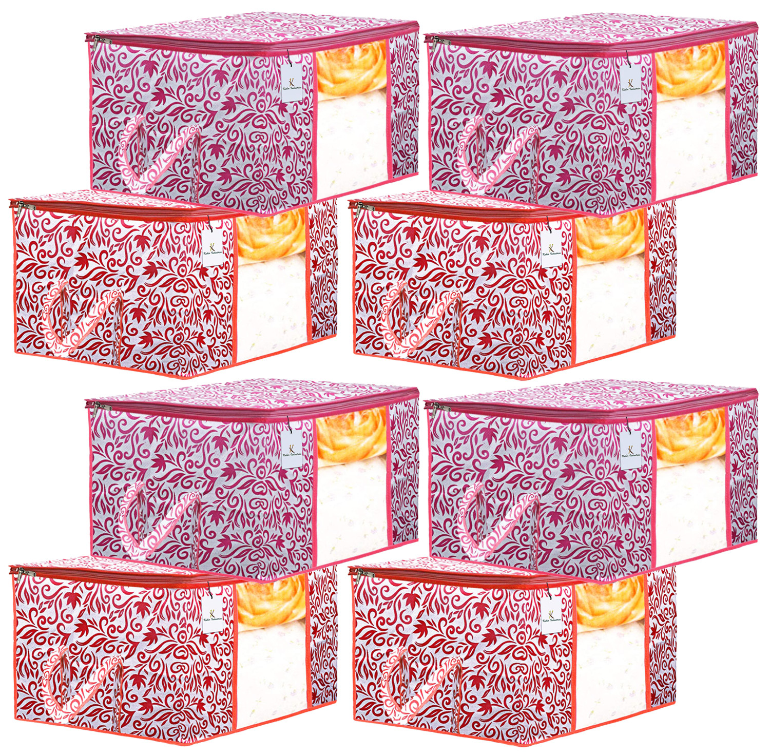 Kuber Industries Leaf Design Non Woven Fabric Underbed Storage Bag,Cloth Organiser,Blanket Cover with Transparent Window, Red & Pink -CTKTC41043