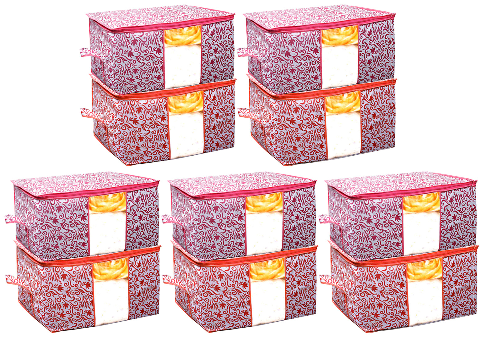 Kuber Industries Leaf Design Non Woven Fabric Underbed Storage Bag,Cloth Organiser,Blanket Cover with Transparent Window, Red & Pink -CTKTC41043