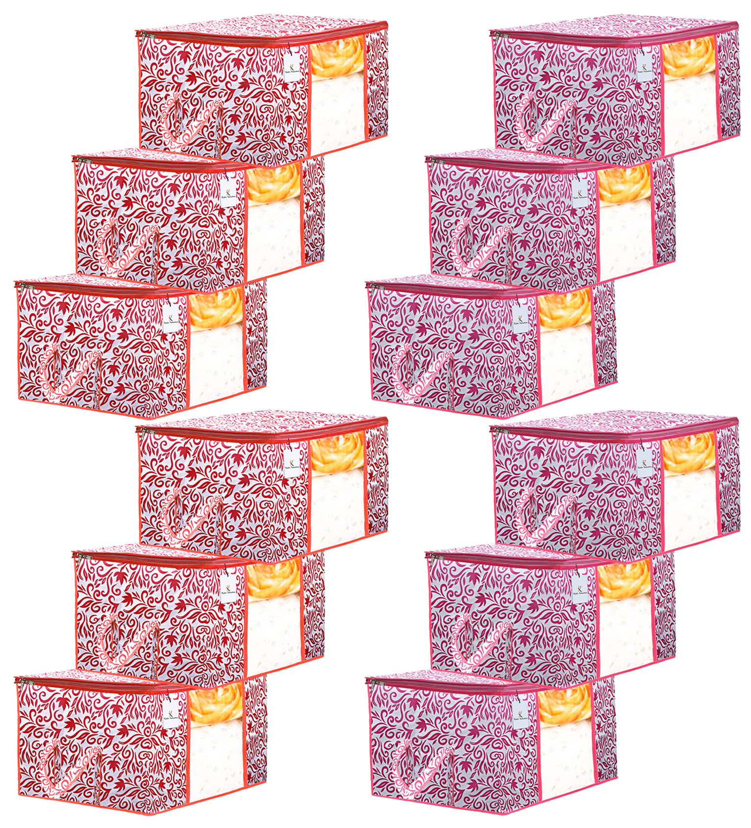 Kuber Industries Leaf Design Non Woven Fabric Underbed Storage Bag,Cloth Organiser,Blanket Cover with Transparent Window, Red & Pink -CTKTC41043