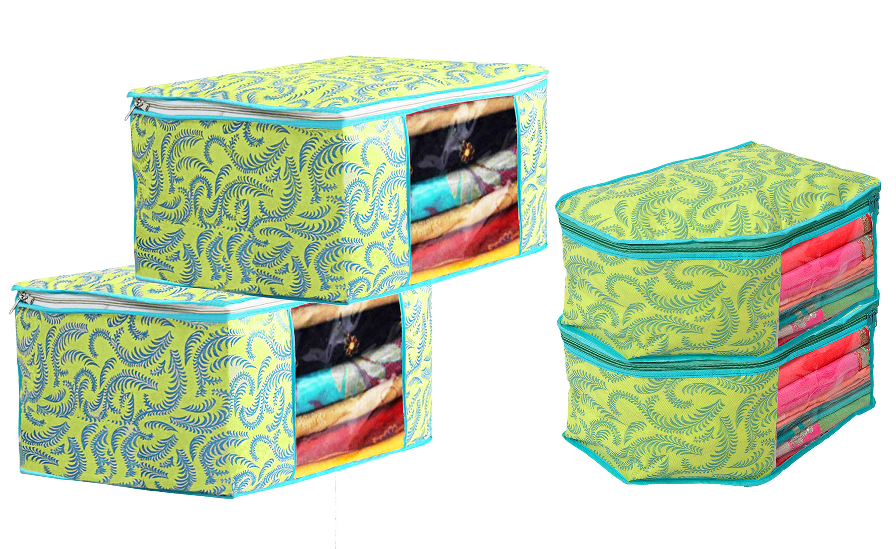 Kuber Industries Leaf Design Non-woven Foldable Saree & Blouse Cover/Clothes Storage Bag/Wardrobe Organizer Set With Transparent Window-(Green)-44KM0567