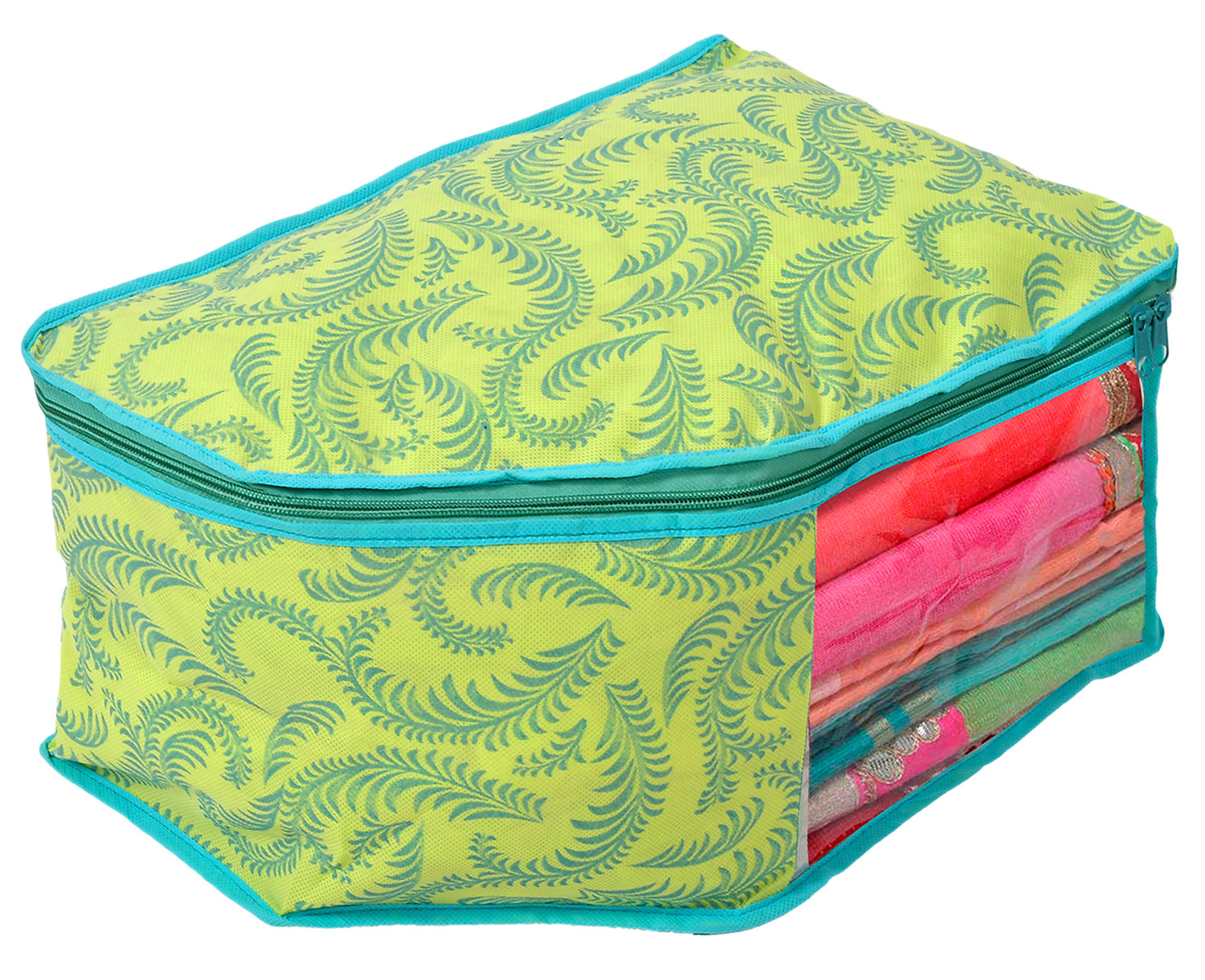 Kuber Industries Leaf Design Non-woven Foldable Saree & Blouse Cover/Clothes Storage Bag/Wardrobe Organizer Set With Transparent Window-(Green)-44KM0567