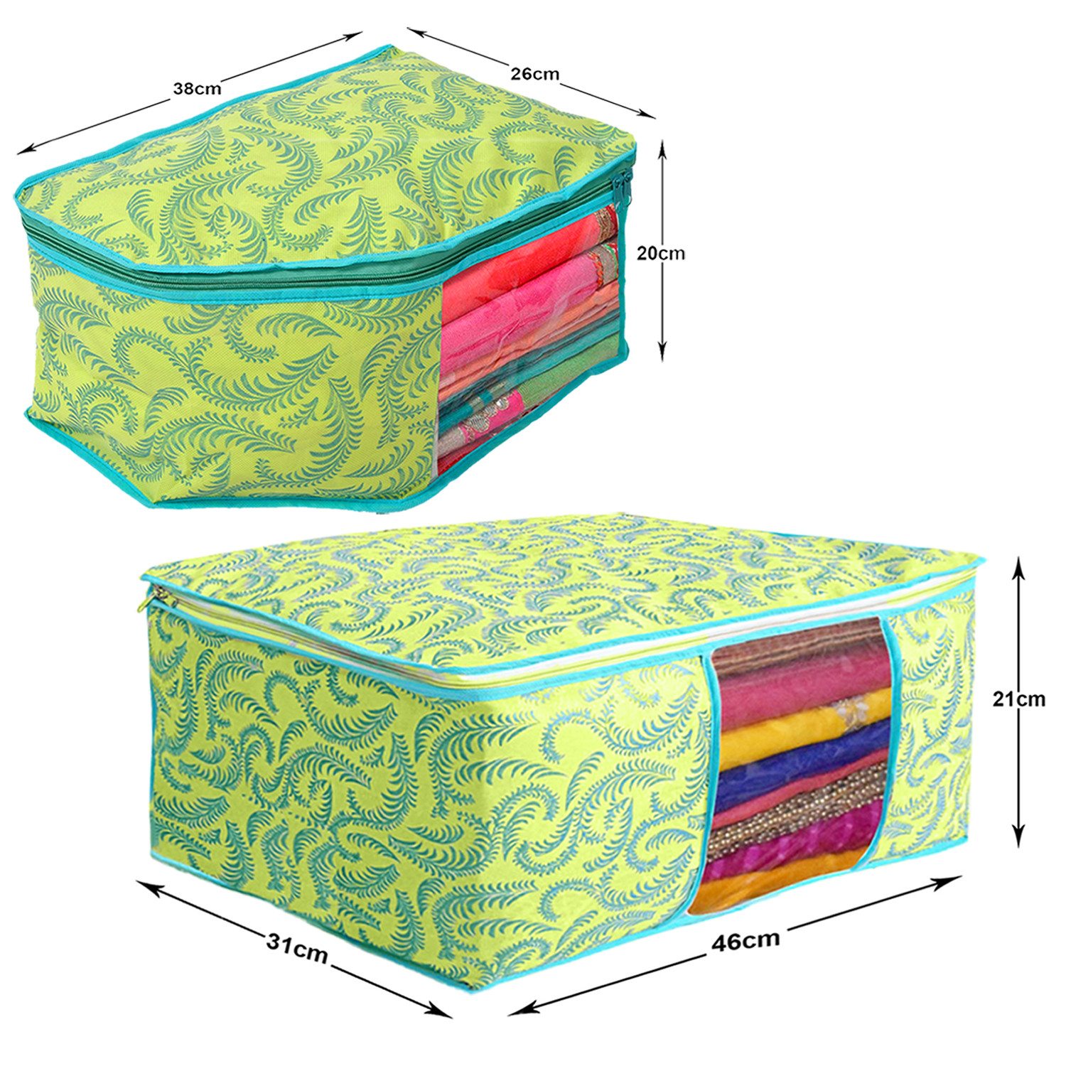 Kuber Industries Leaf Design Non-woven Foldable Saree & Blouse Cover/Clothes Storage Bag/Wardrobe Organizer Set With Transparent Window-(Green)-44KM0567