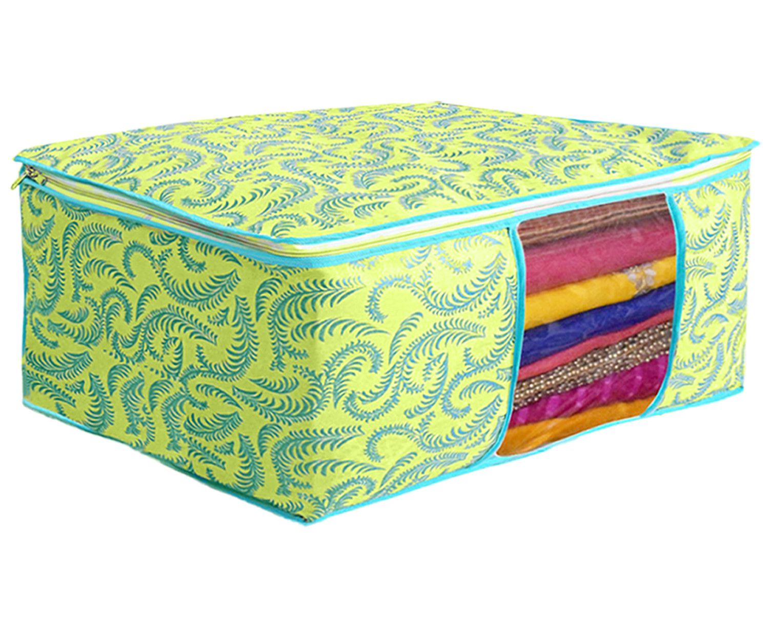 Kuber Industries Leaf Design Non-woven Foldable Saree & Blouse Cover/Clothes Storage Bag/Wardrobe Organizer Set With Transparent Window-(Green)-44KM0567