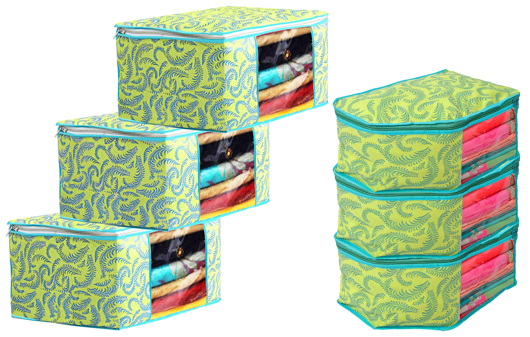 Kuber Industries Leaf Design Non-woven Foldable Saree & Blouse Cover/Clothes Storage Bag/Wardrobe Organizer Set With Transparent Window-(Green)-44KM0567