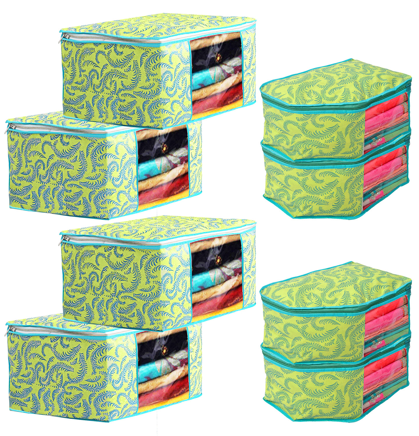 Kuber Industries Leaf Design Non-woven Foldable Saree & Blouse Cover/Clothes Storage Bag/Wardrobe Organizer Set With Transparent Window-(Green)-44KM0567