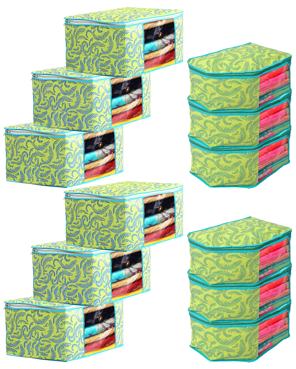 Kuber Industries Leaf Design Non-woven Foldable Saree & Blouse Cover/Clothes Storage Bag/Wardrobe Organizer Set With Transparent Window-(Green)-44KM0567