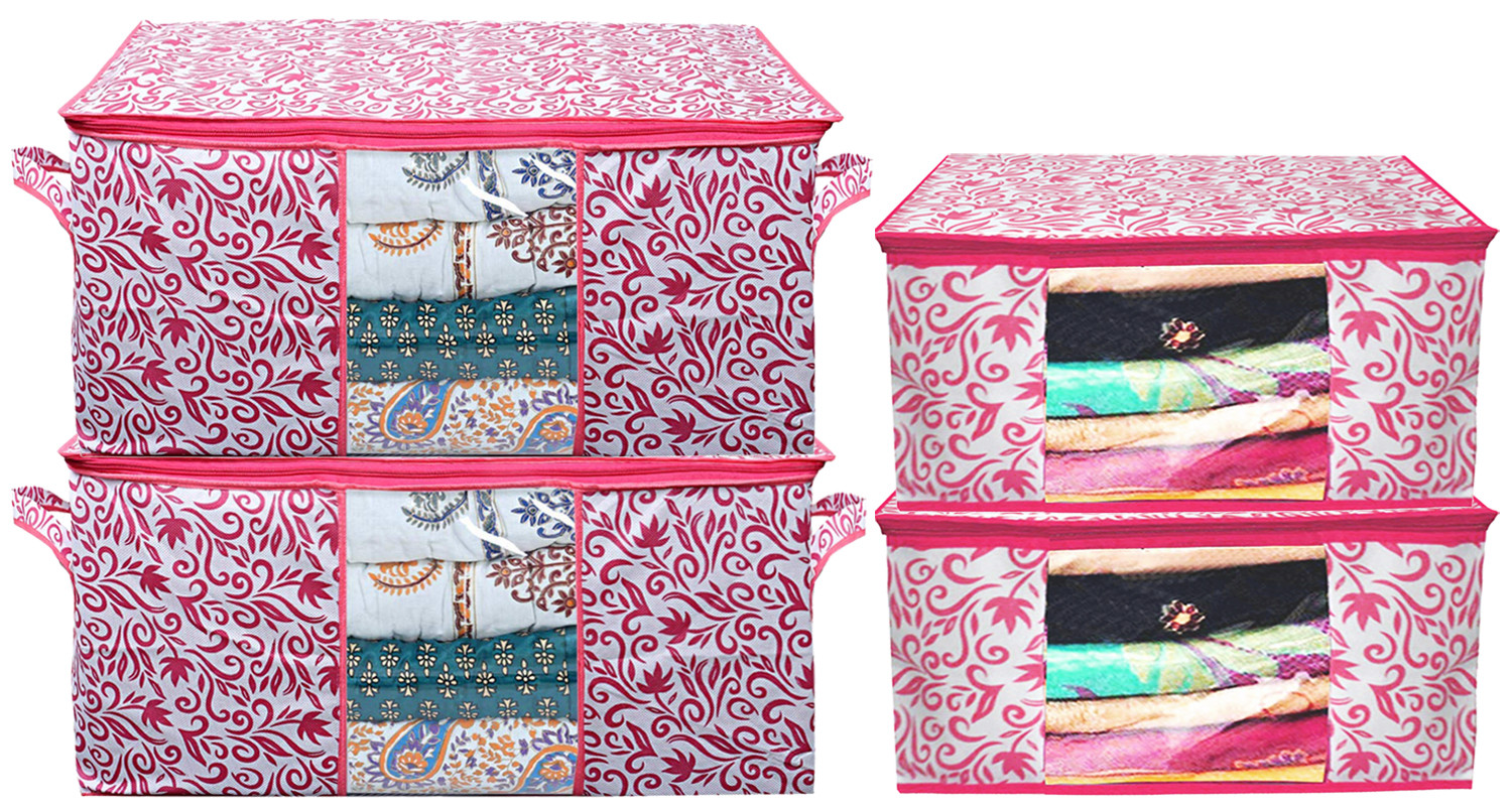 Kuber Industries Leaf Design Non Woven Saree Cover And Underbed Storage Bag, Cloth Organizer For Storage, Blanket Cover Combo Set (Pink) -CTKTC38655