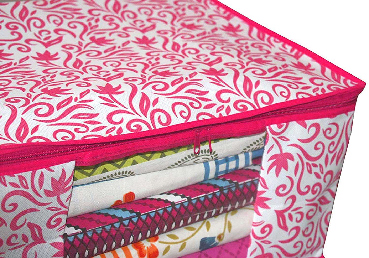 Kuber Industries Leaf Design Non Woven Saree Cover And Underbed Storage Bag, Cloth Organizer For Storage, Blanket Cover Combo Set (Pink) -CTKTC38655