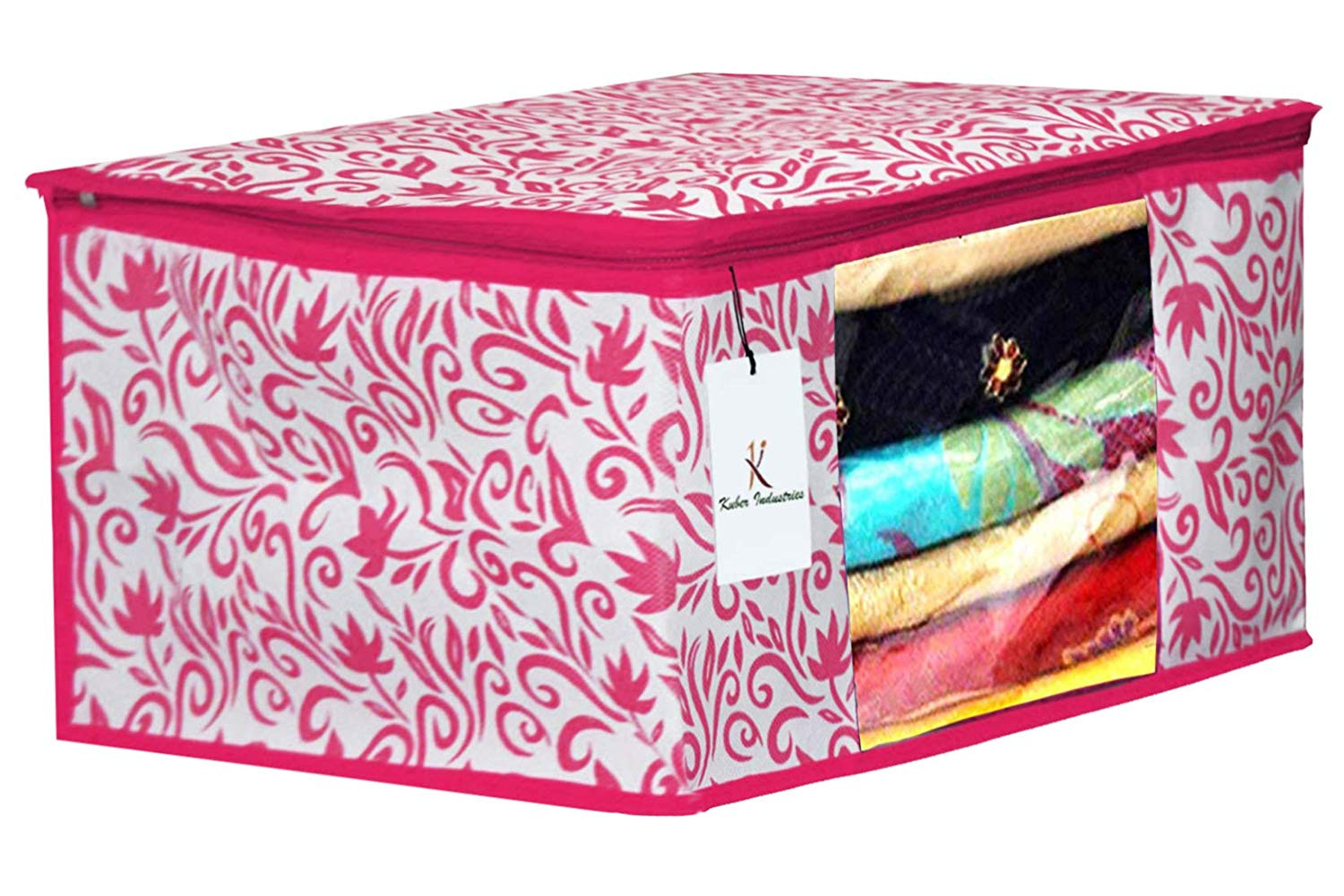 Kuber Industries Leaf Design Non Woven Saree Cover And Underbed Storage Bag, Cloth Organizer For Storage, Blanket Cover Combo Set (Pink) -CTKTC38655