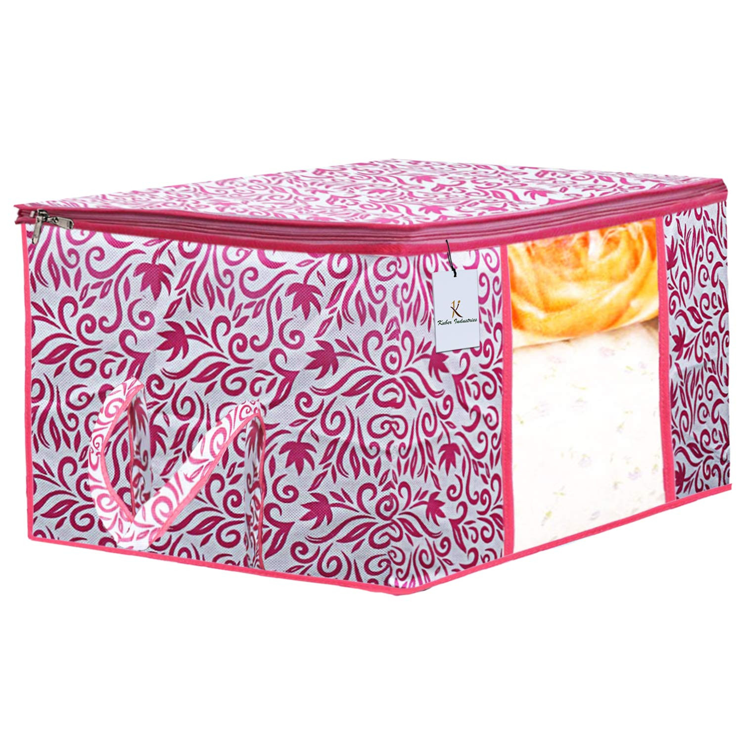 Kuber Industries Leaf Design Non Woven Saree Cover And Underbed Storage Bag, Cloth Organizer For Storage, Blanket Cover Combo Set (Pink) -CTKTC38655