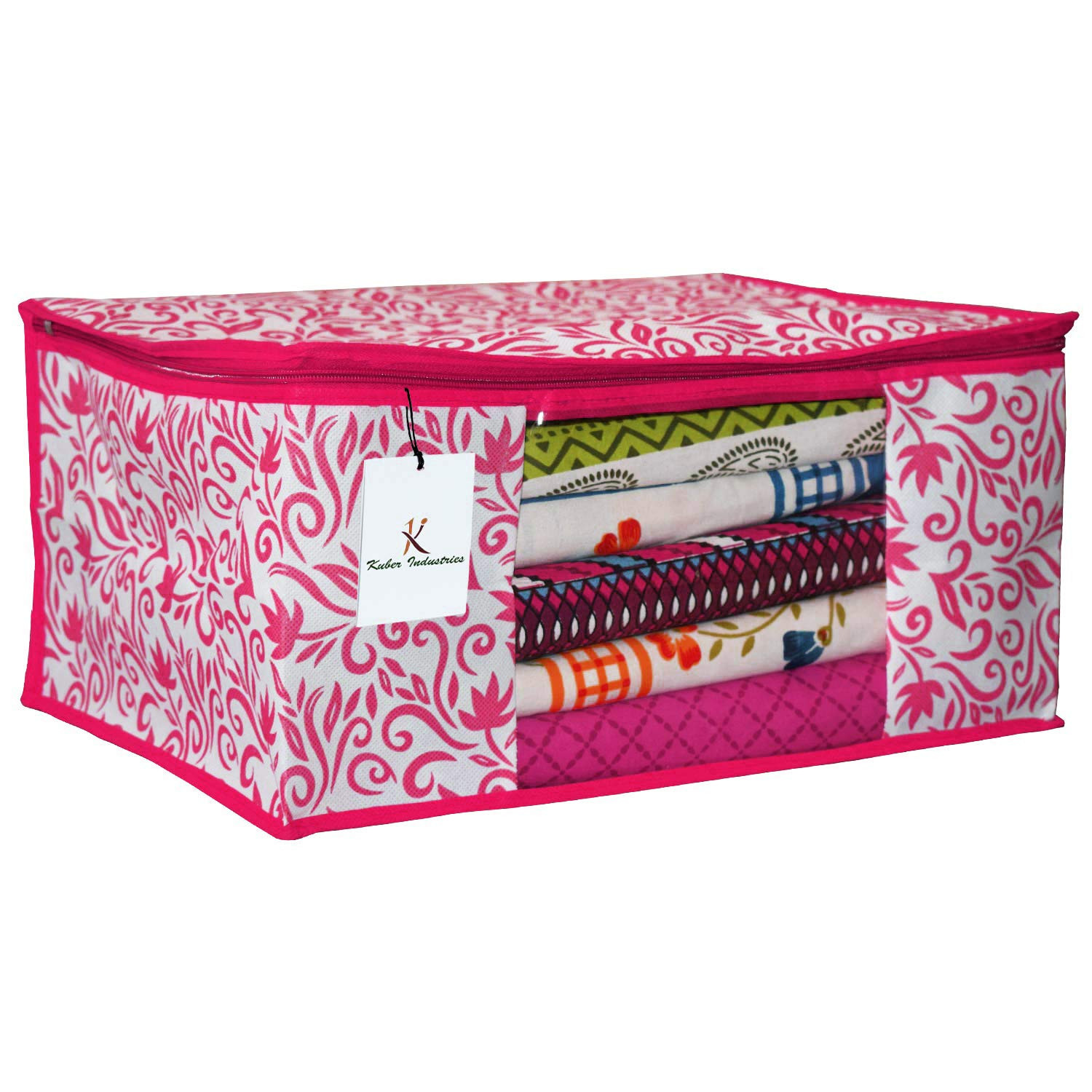 Kuber Industries Leaf Design Non Woven Saree Cover And Underbed Storage Bag, Cloth Organizer For Storage, Blanket Cover Combo Set (Pink) -CTKTC38655
