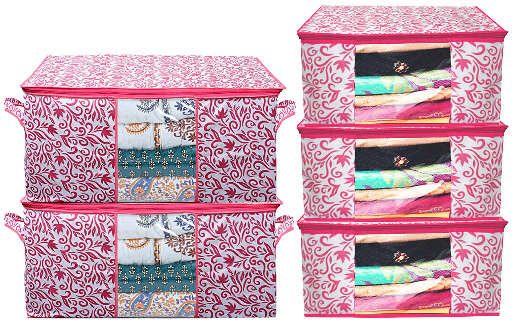Kuber Industries Leaf Design Non Woven Saree Cover And Underbed Storage Bag, Cloth Organizer For Storage, Blanket Cover Combo Set (Pink) -CTKTC38655