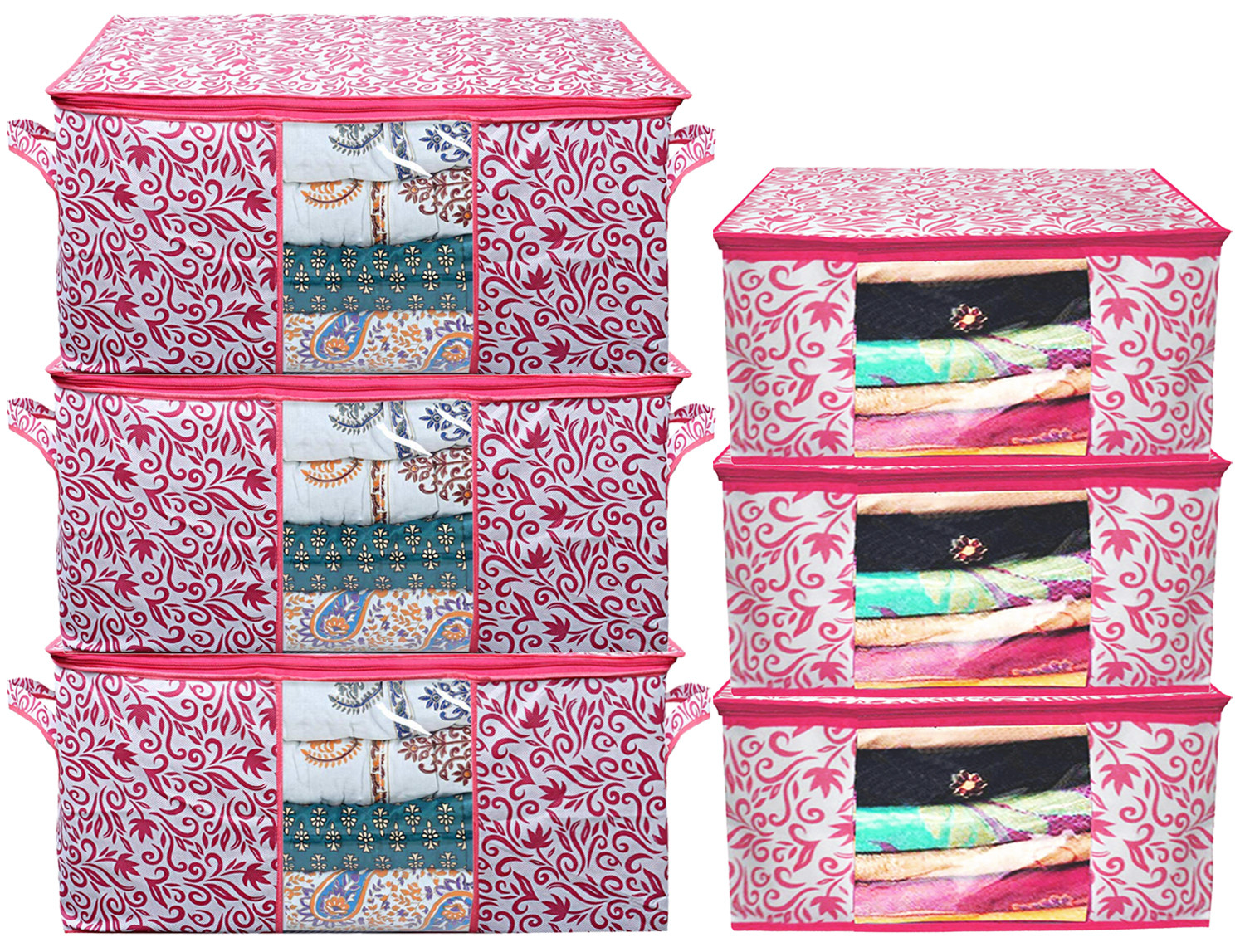Kuber Industries Leaf Design Non Woven Saree Cover And Underbed Storage Bag, Cloth Organizer For Storage, Blanket Cover Combo Set (Pink) -CTKTC38655
