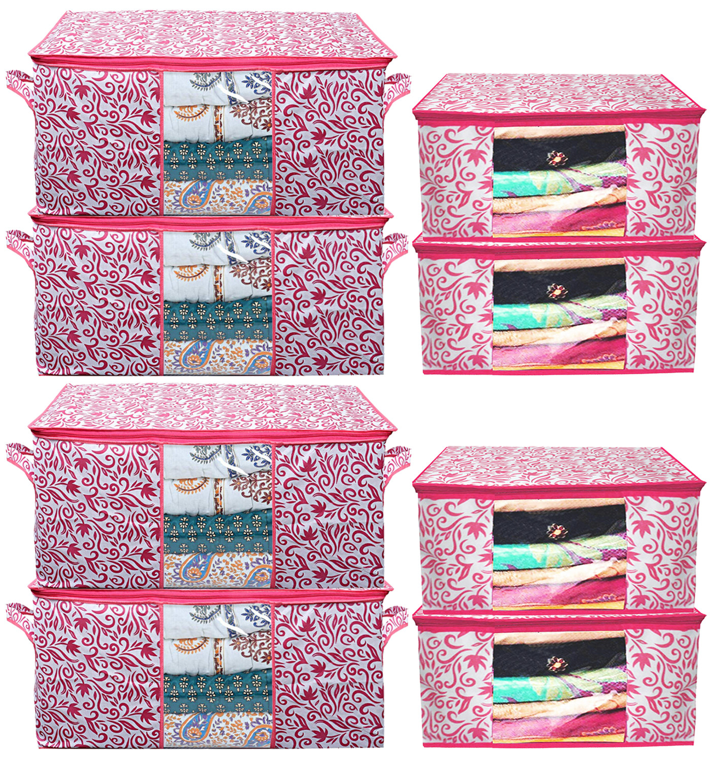 Kuber Industries Leaf Design Non Woven Saree Cover And Underbed Storage Bag, Cloth Organizer For Storage, Blanket Cover Combo Set (Pink) -CTKTC38655