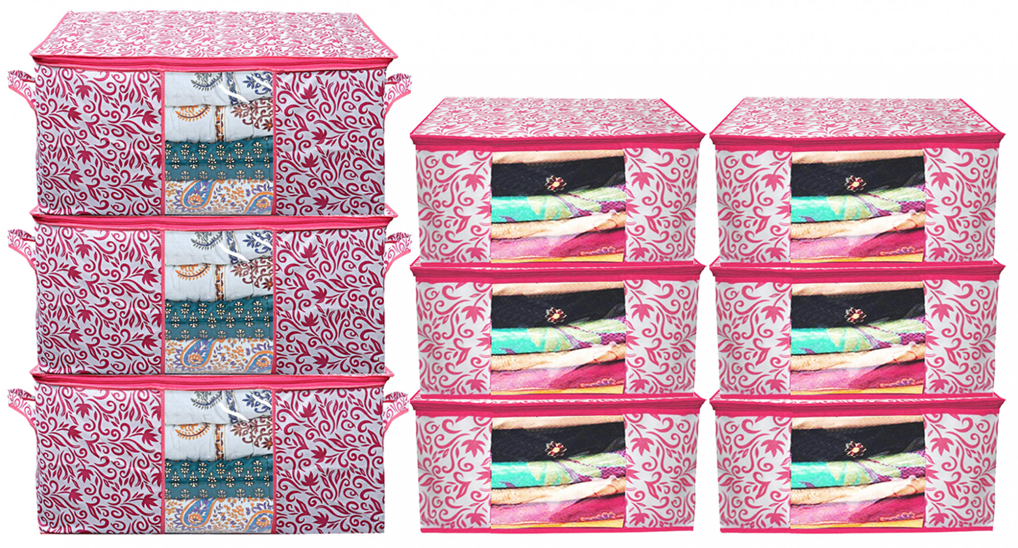 Kuber Industries Leaf Design Non Woven Saree Cover And Underbed Storage Bag, Cloth Organizer For Storage, Blanket Cover Combo Set (Pink) -CTKTC38655