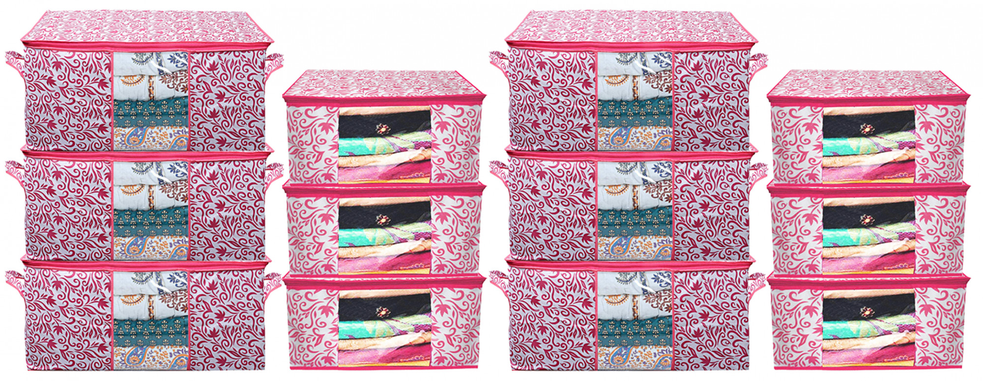 Kuber Industries Leaf Design Non Woven Saree Cover And Underbed Storage Bag, Cloth Organizer For Storage, Blanket Cover Combo Set (Pink) -CTKTC38655