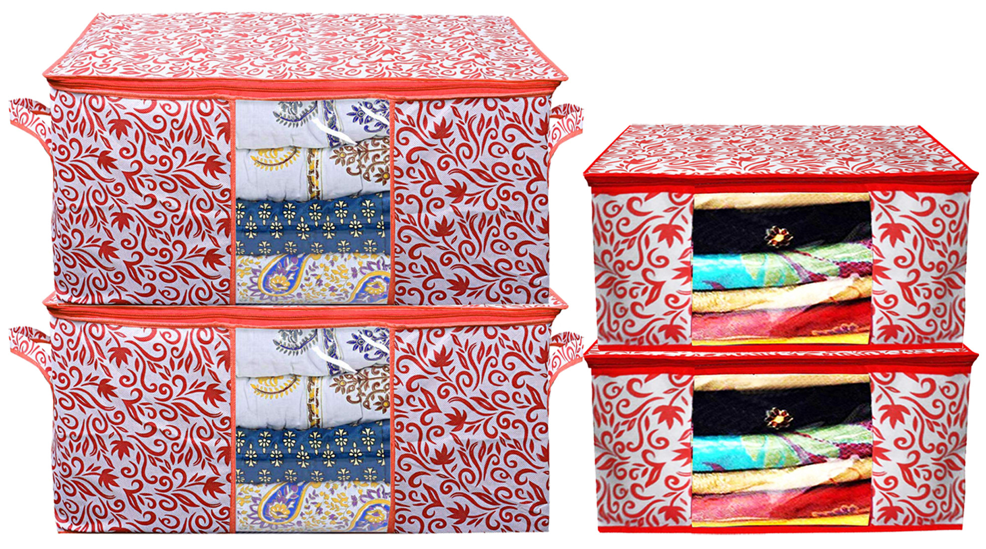 Kuber Industries Leaf Design Non Woven Saree Cover And Underbed Storage Bag, Cloth Organizer For Storage, Blanket Cover Combo Set (Red) -CTKTC38667