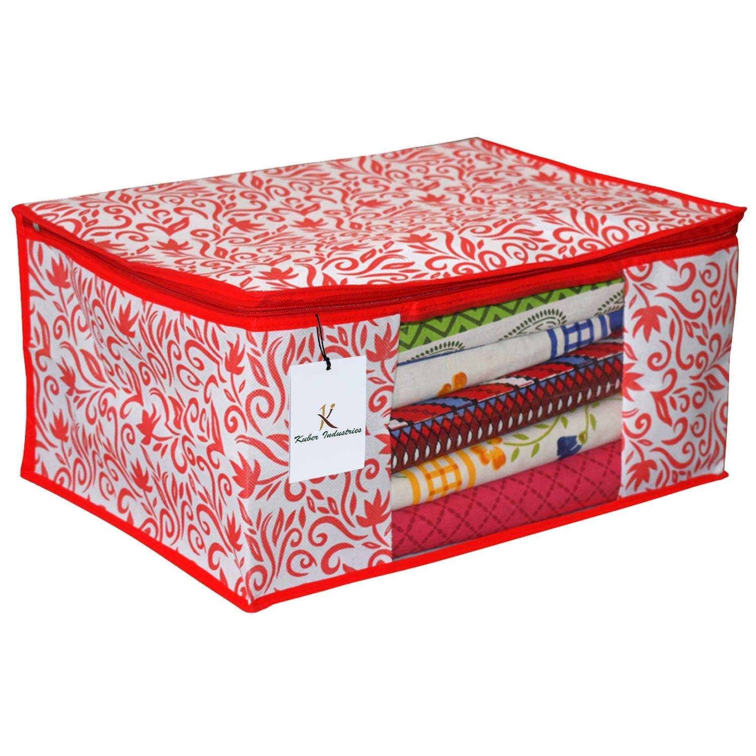 Kuber Industries Leaf Design Non Woven Saree Cover And Underbed Storage Bag, Cloth Organizer For Storage, Blanket Cover Combo Set (Red) -CTKTC38667