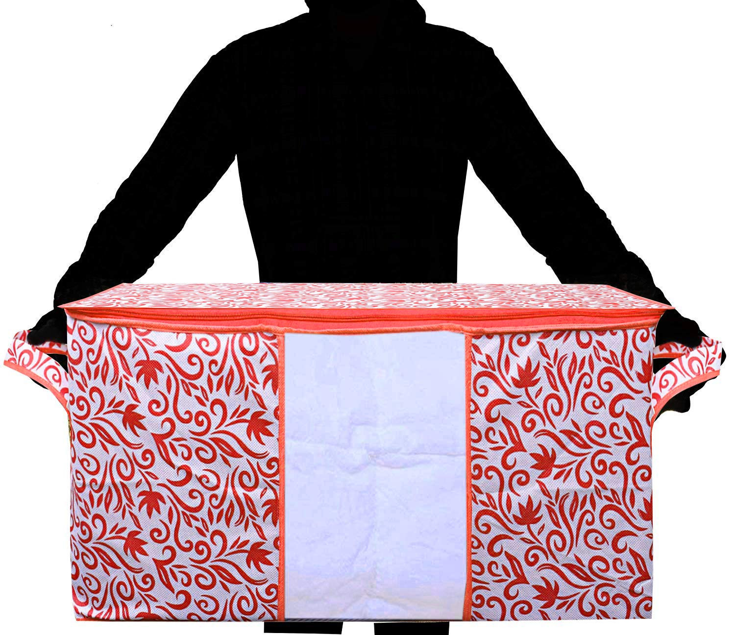 Kuber Industries Leaf Design Non Woven Saree Cover And Underbed Storage Bag, Cloth Organizer For Storage, Blanket Cover Combo Set (Red) -CTKTC38667