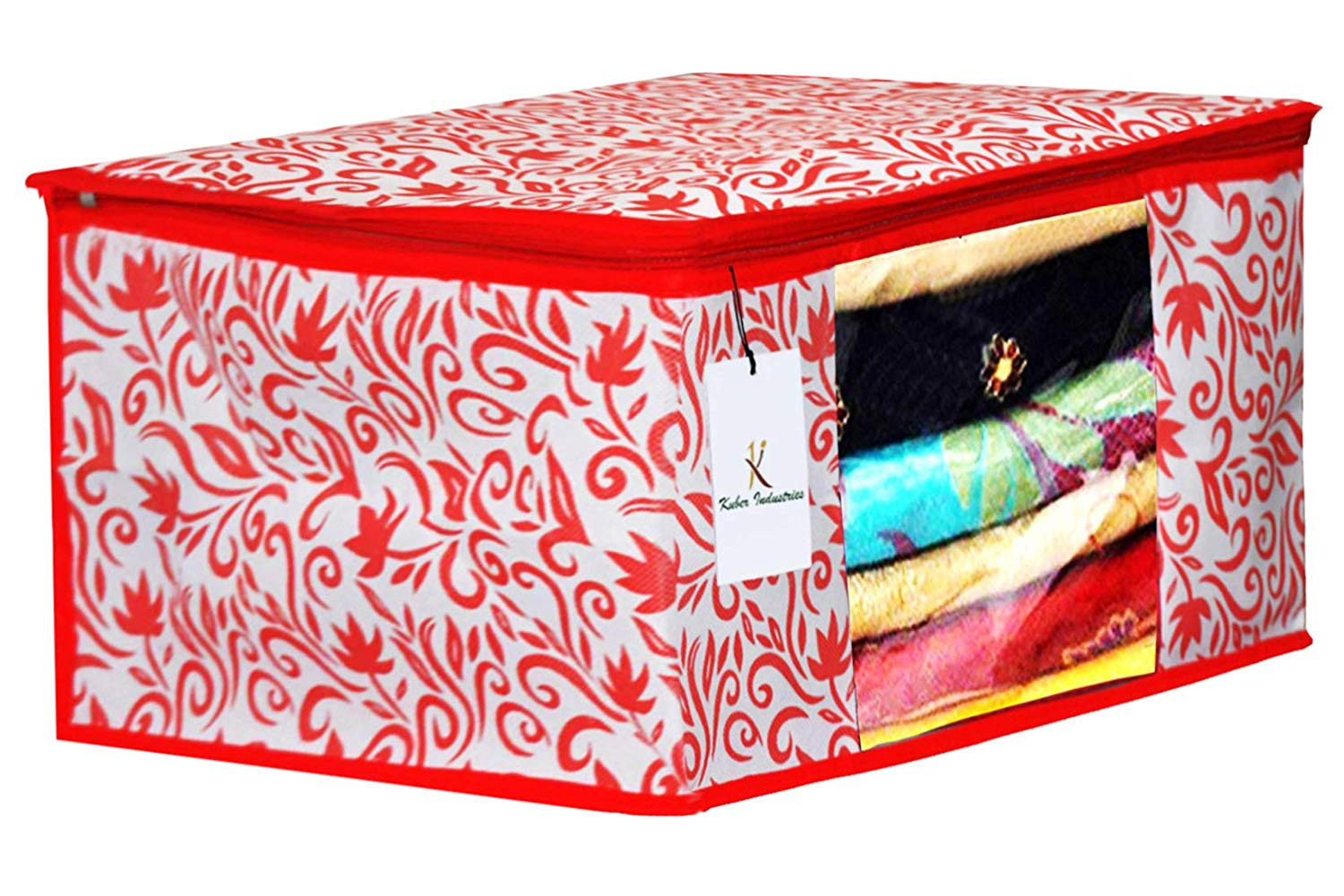 Kuber Industries Leaf Design Non Woven Saree Cover And Underbed Storage Bag, Cloth Organizer For Storage, Blanket Cover Combo Set (Red) -CTKTC38667