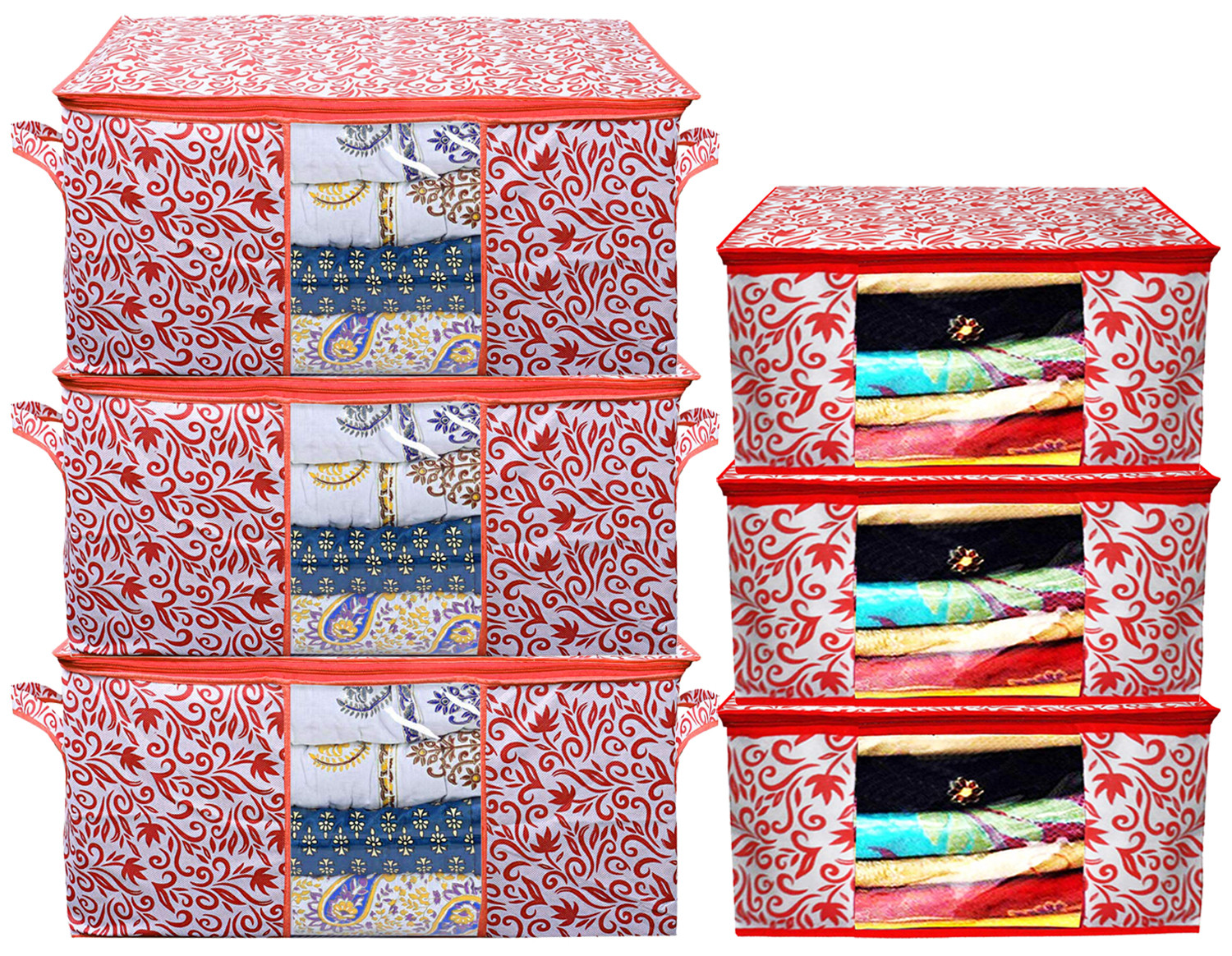 Kuber Industries Leaf Design Non Woven Saree Cover And Underbed Storage Bag, Cloth Organizer For Storage, Blanket Cover Combo Set (Red) -CTKTC38667