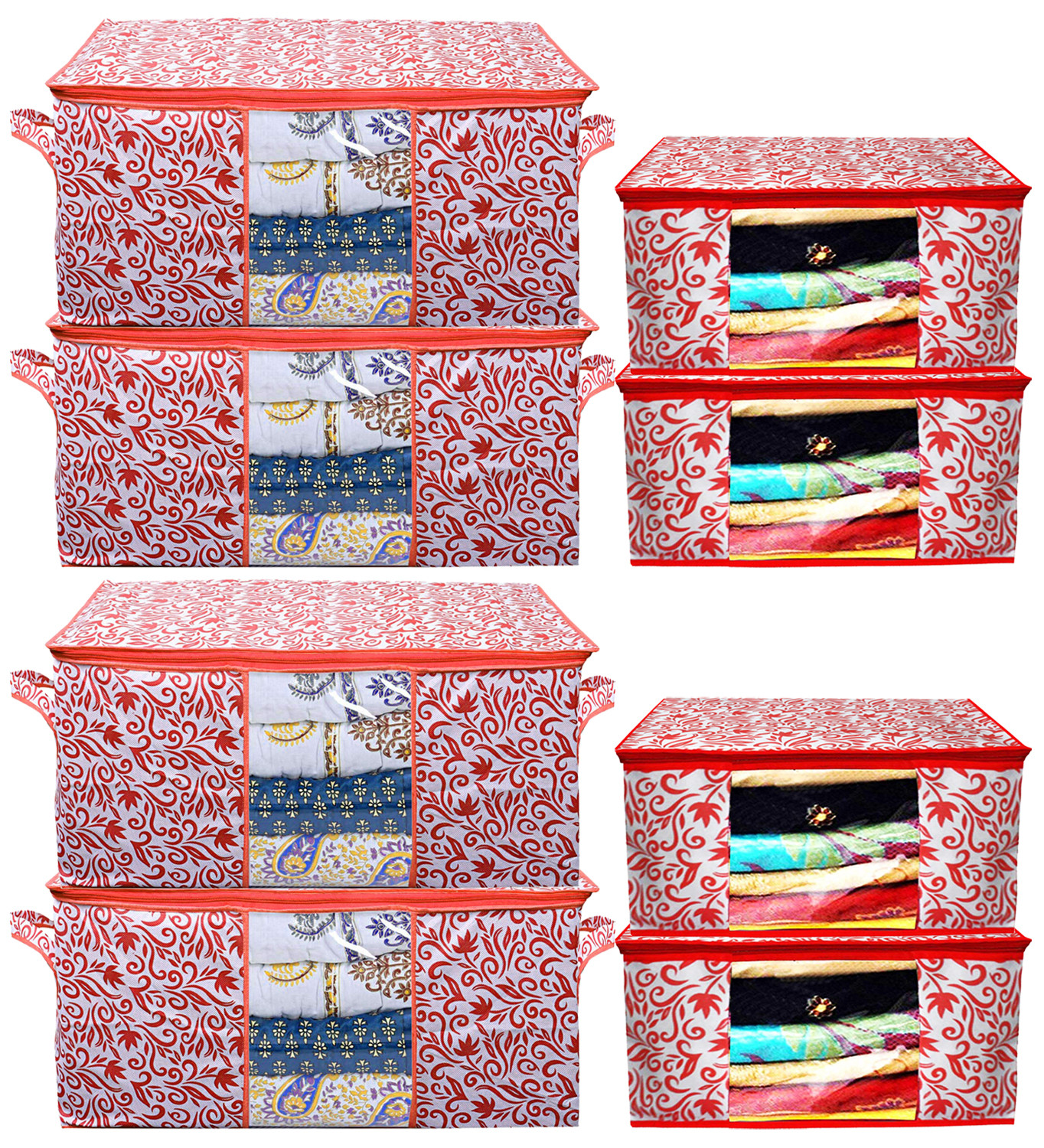 Kuber Industries Leaf Design Non Woven Saree Cover And Underbed Storage Bag, Cloth Organizer For Storage, Blanket Cover Combo Set (Red) -CTKTC38667