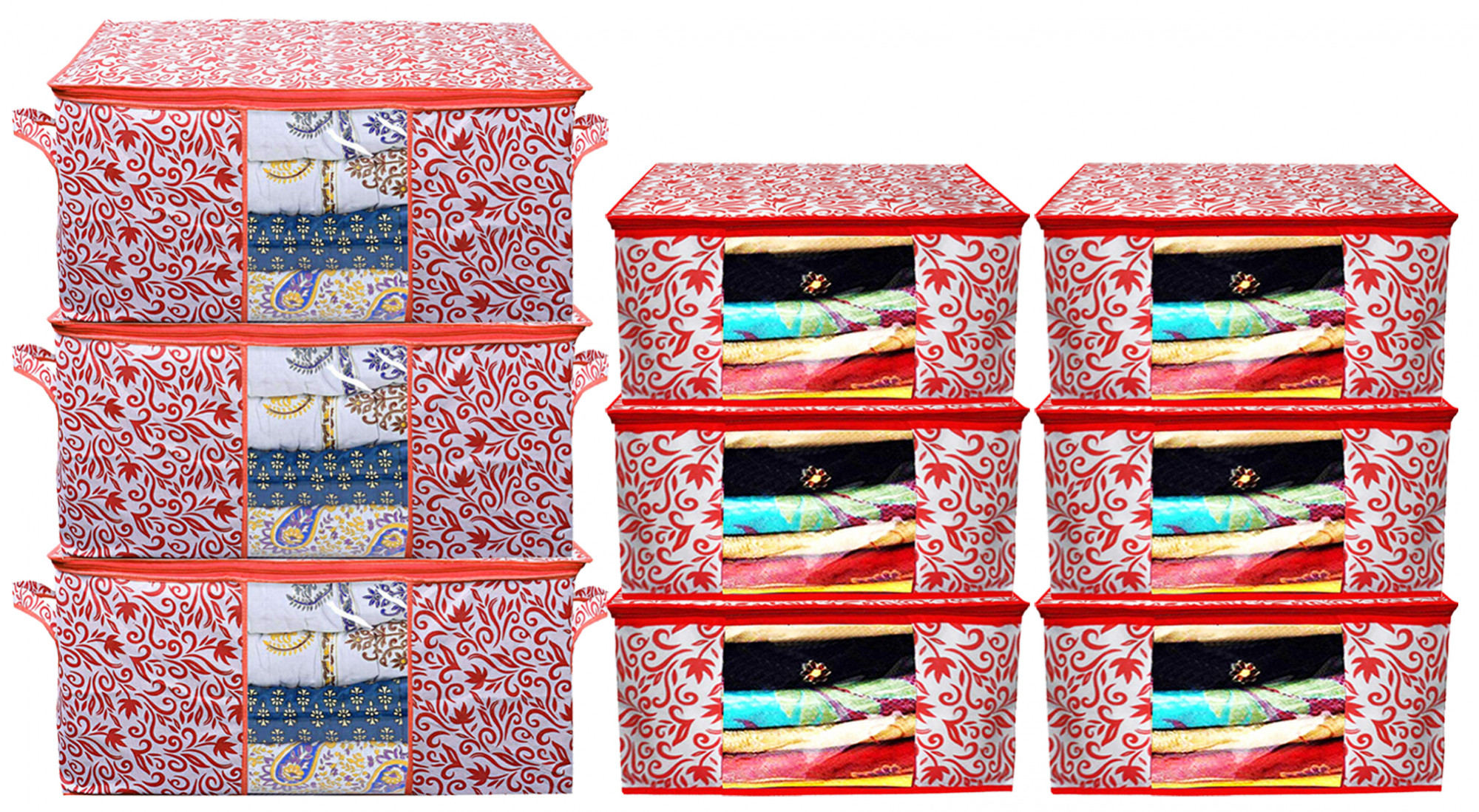 Kuber Industries Leaf Design Non Woven Saree Cover And Underbed Storage Bag, Cloth Organizer For Storage, Blanket Cover Combo Set (Red) -CTKTC38667