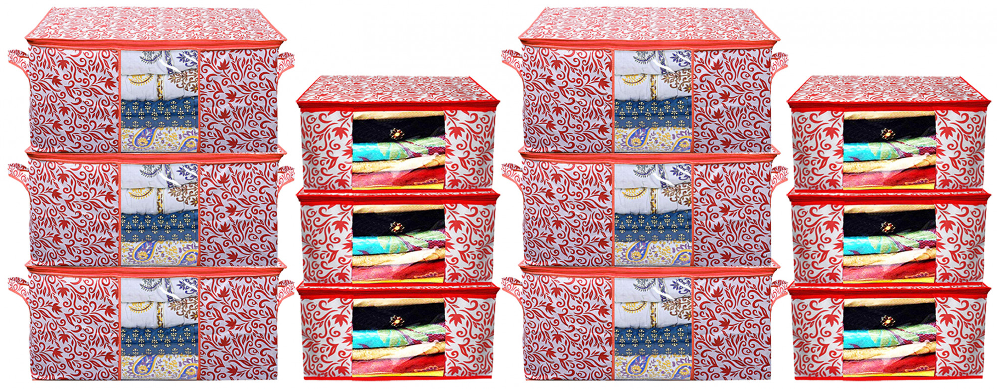 Kuber Industries Leaf Design Non Woven Saree Cover And Underbed Storage Bag, Cloth Organizer For Storage, Blanket Cover Combo Set (Red) -CTKTC38667