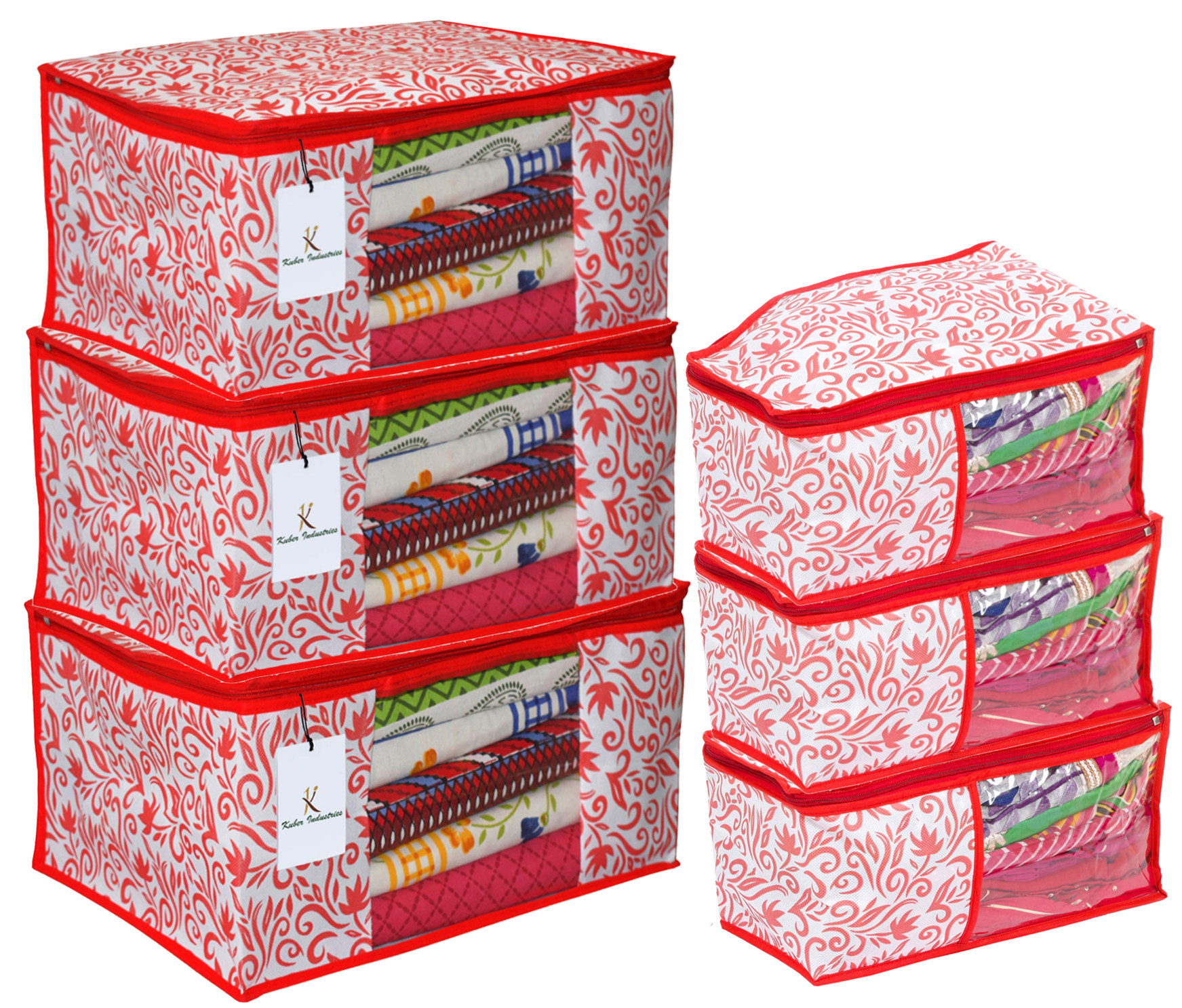 Kuber Industries Leaf Design Non Woven Saree Cover/Cloth Wardrobe Organizer And Blouse Cover Combo Set (Red) -CTKTC38403