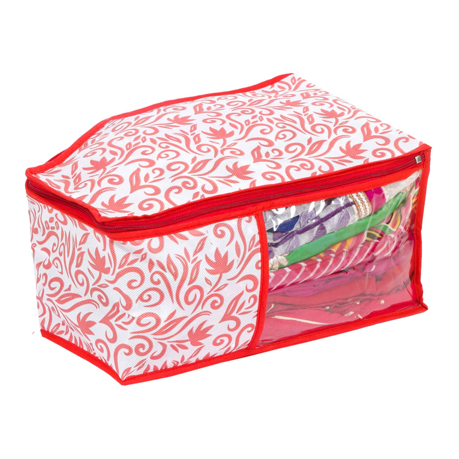 Kuber Industries Leaf Design Non Woven Saree Cover/Cloth Wardrobe Organizer And Blouse Cover Combo Set (Red) -CTKTC38403