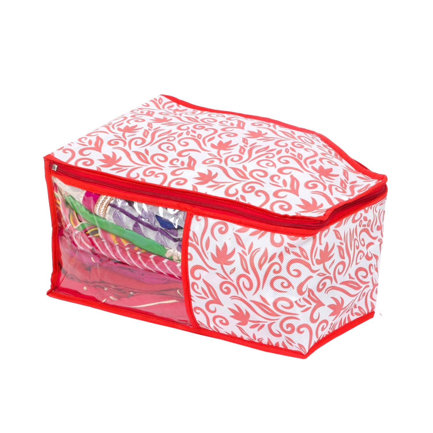 Kuber Industries Leaf Design Non Woven Saree Cover/Cloth Wardrobe Organizer And Blouse Cover Combo Set (Red) -CTKTC38403