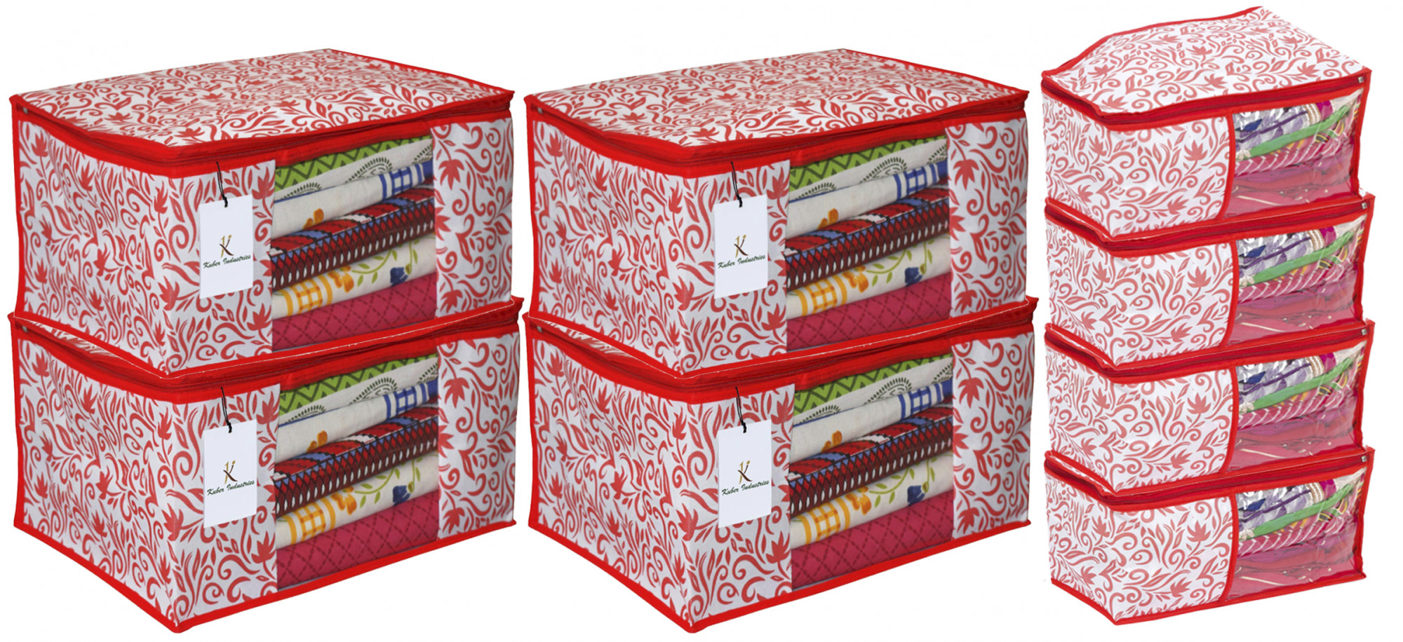 Kuber Industries Leaf Design Non Woven Saree Cover/Cloth Wardrobe Organizer And Blouse Cover Combo Set (Red) -CTKTC38403