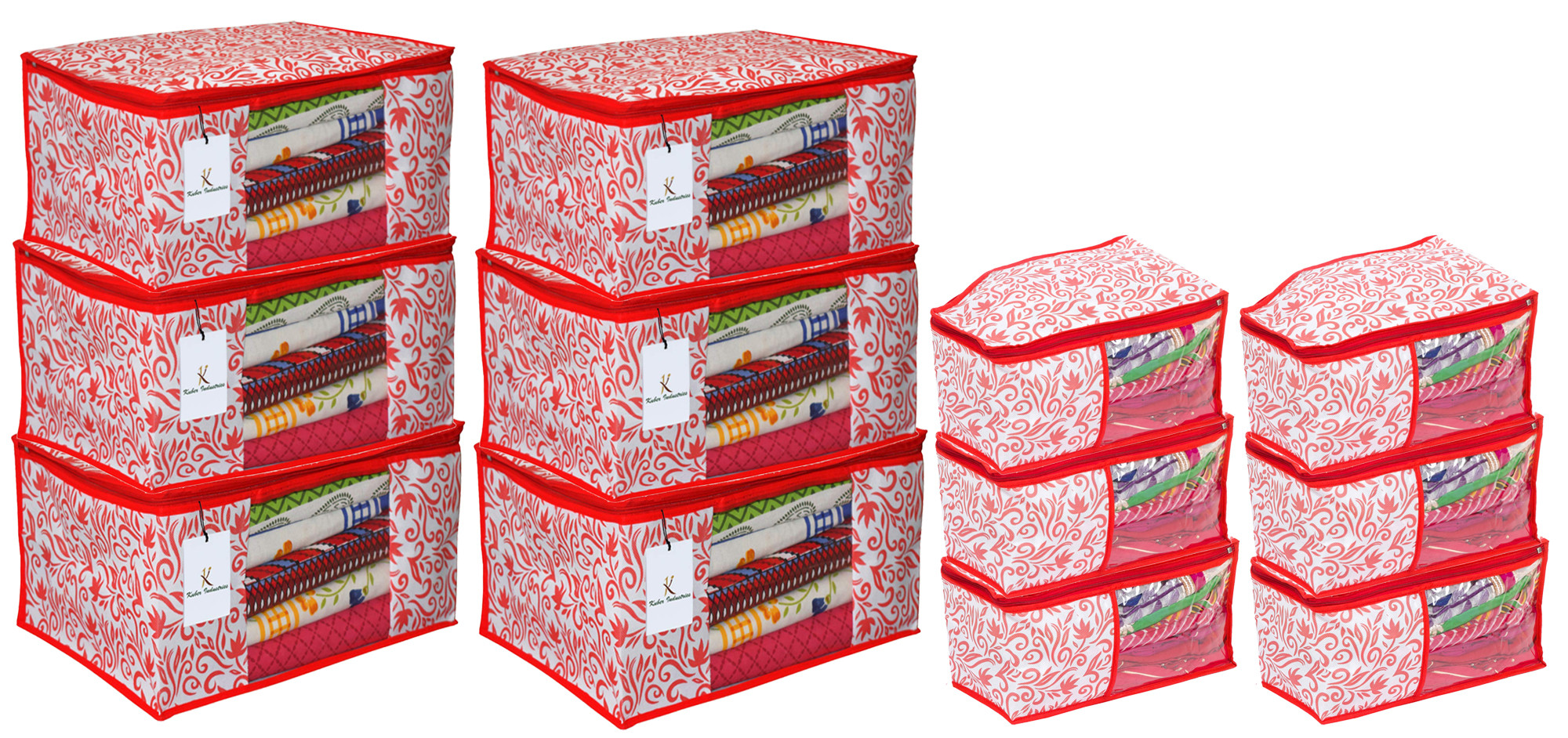 Kuber Industries Leaf Design Non Woven Saree Cover/Cloth Wardrobe Organizer And Blouse Cover Combo Set (Red) -CTKTC38403