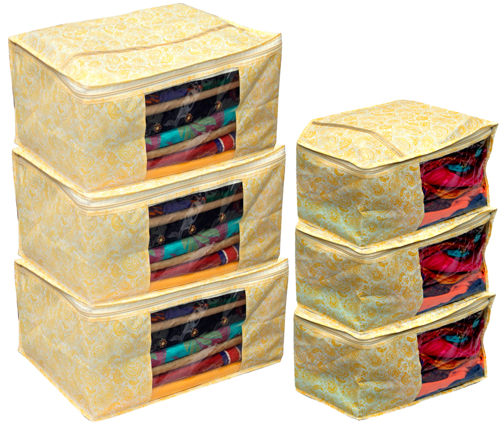 Kuber Industries Leaf Design Non Woven Saree Cover/Cloth Wardrobe Organizer And Blouse Cover Combo Set (Gold) -CTKTC38445