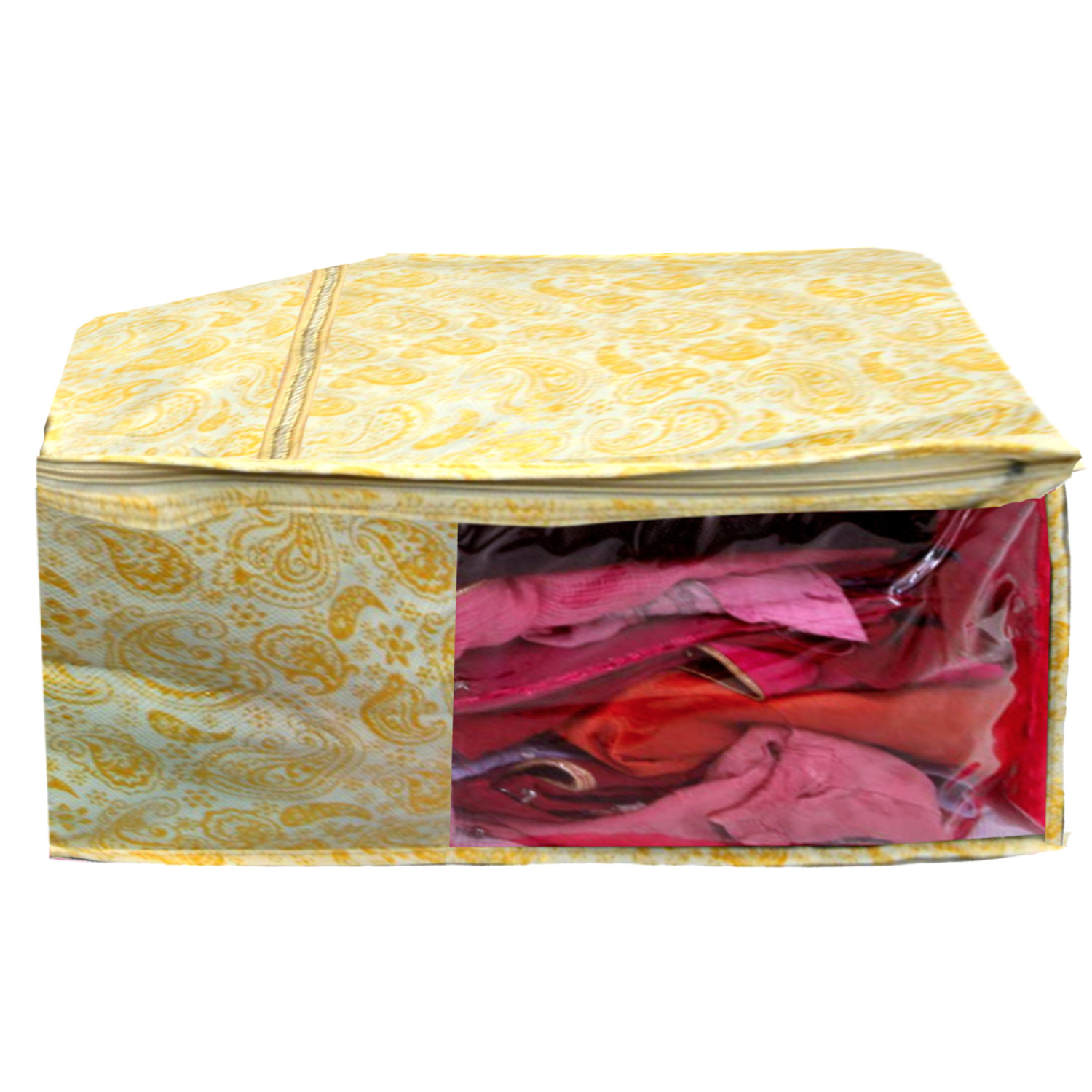 Kuber Industries Leaf Design Non Woven Saree Cover/Cloth Wardrobe Organizer And Blouse Cover Combo Set (Gold) -CTKTC38445