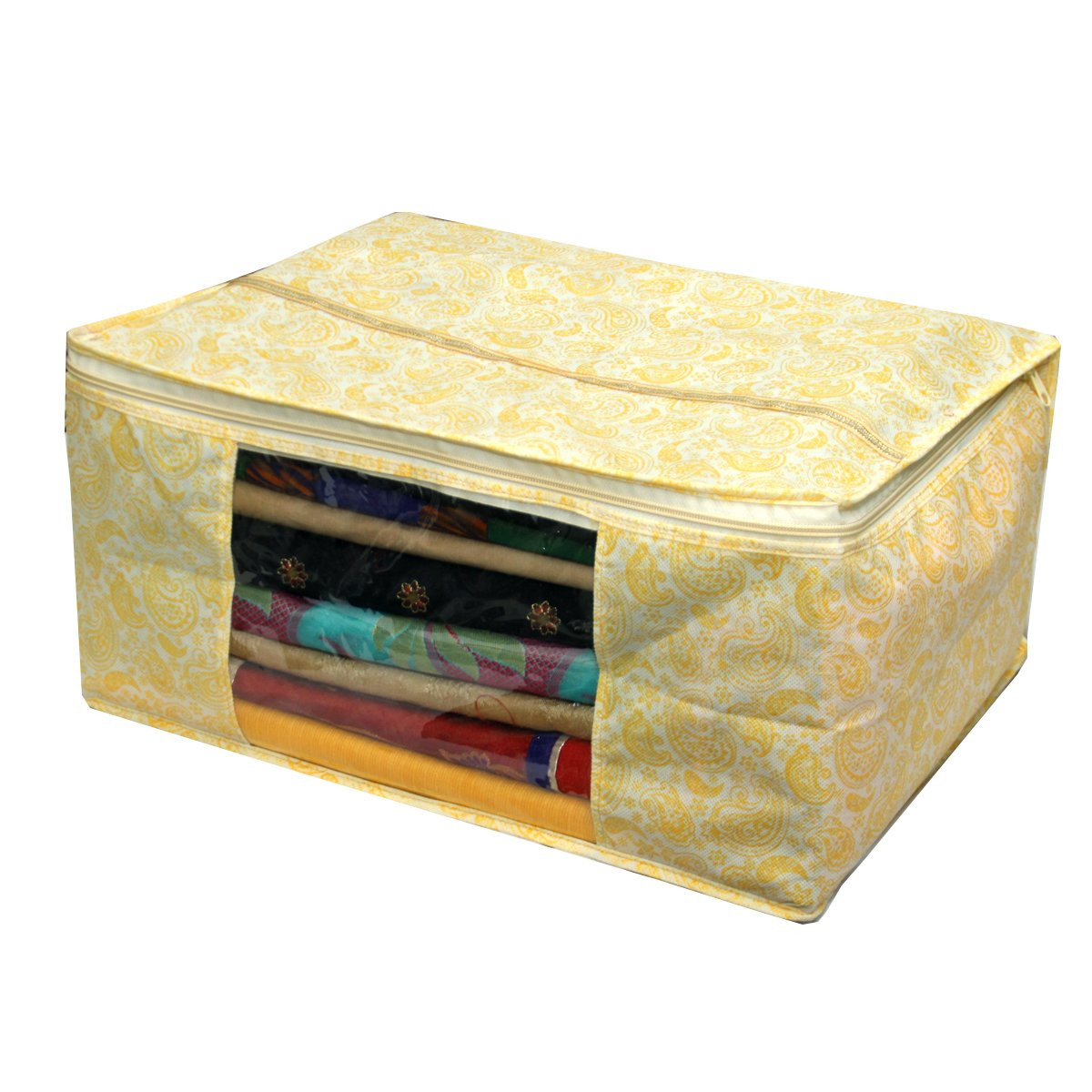 Kuber Industries Leaf Design Non Woven Saree Cover/Cloth Wardrobe Organizer And Blouse Cover Combo Set (Gold) -CTKTC38445