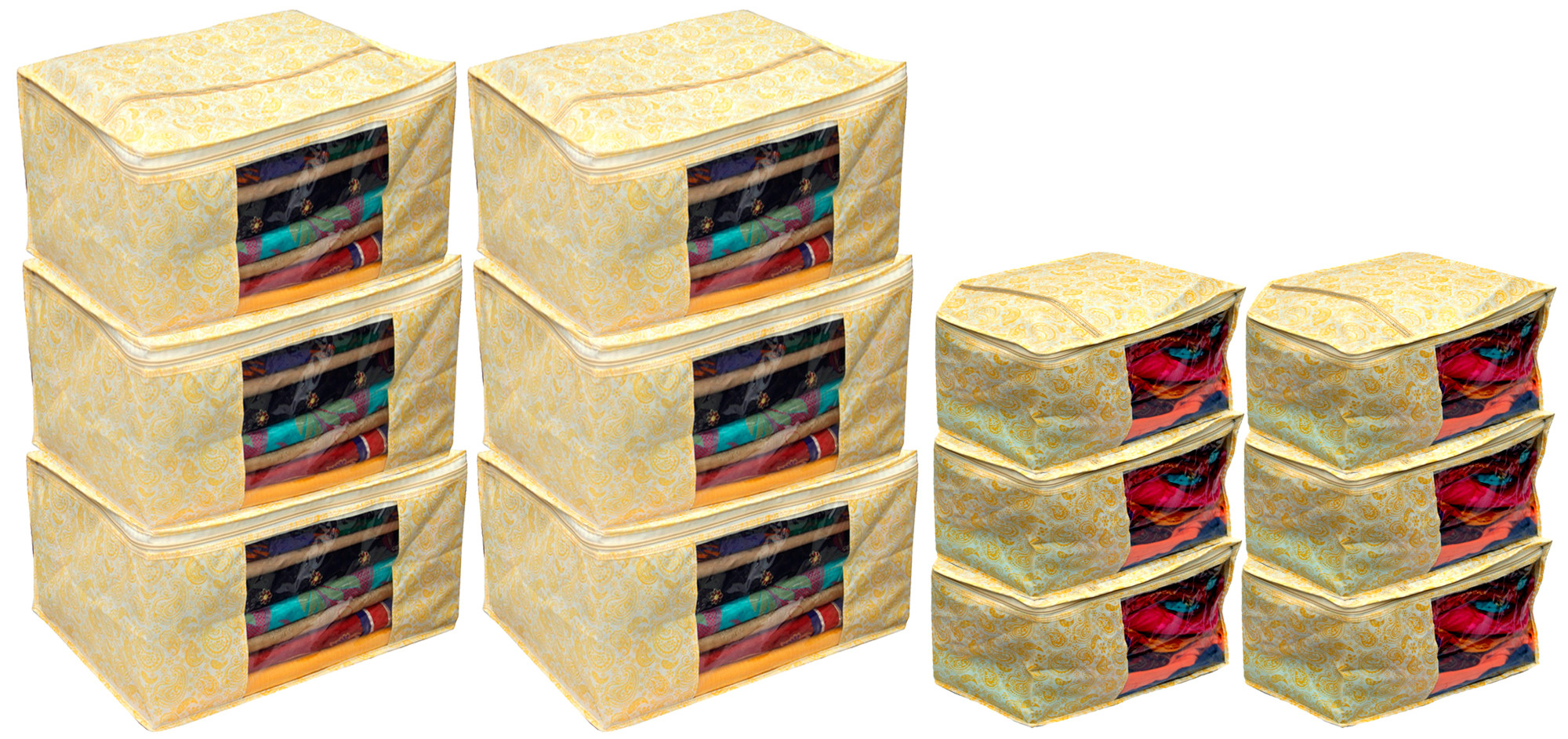 Kuber Industries Leaf Design Non Woven Saree Cover/Cloth Wardrobe Organizer And Blouse Cover Combo Set (Gold) -CTKTC38445