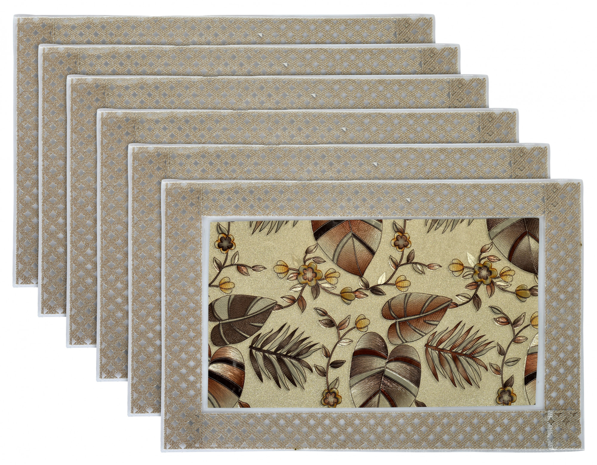 Kuber Industries Leaf Design PVC Dining Table Placemat Set, Set of 6 (Gold)