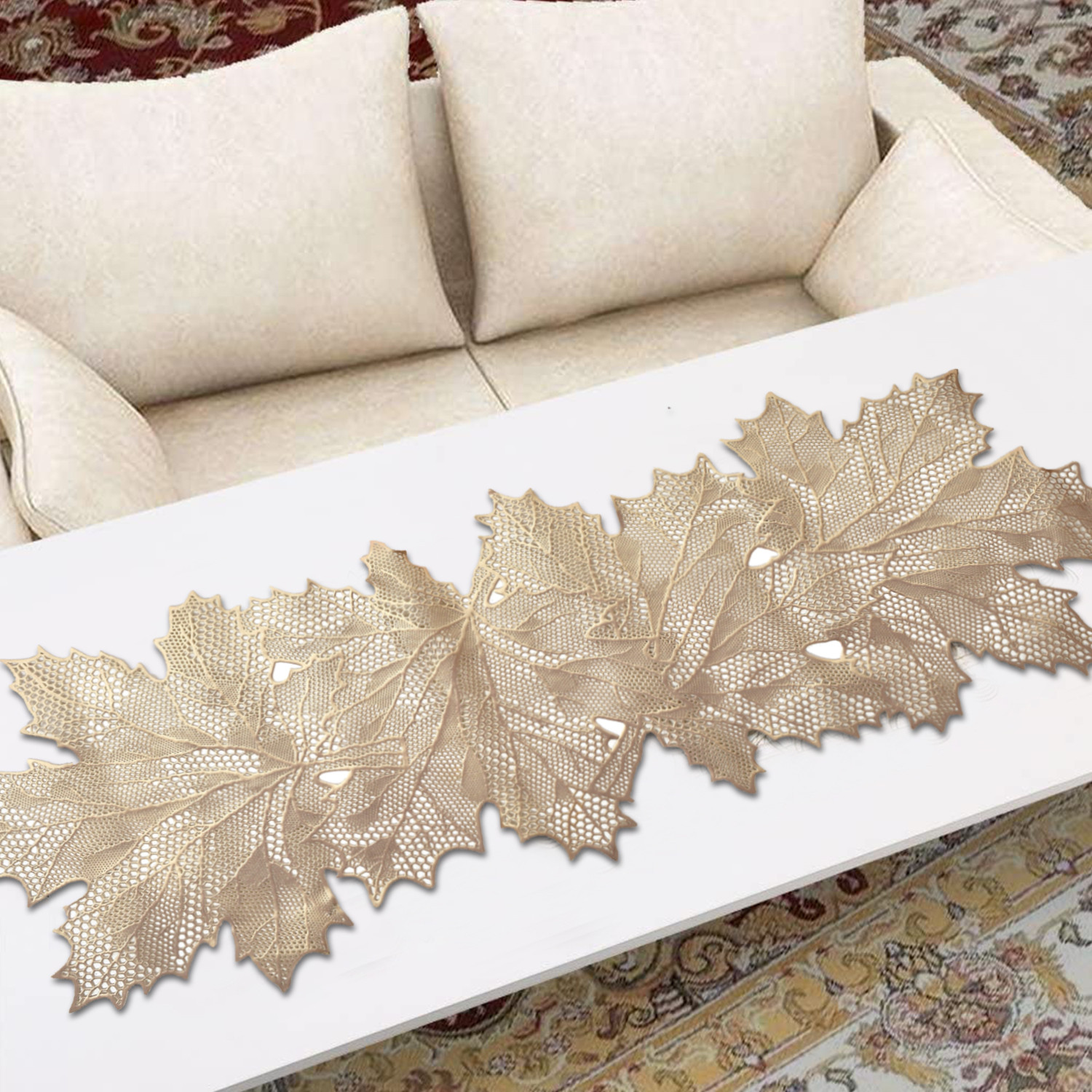 Kuber Industries Leaf Design Soft Leather Table Runner For Patios Family Dinner Office Kitchen Table (Gold)-HS43KUBMART26601